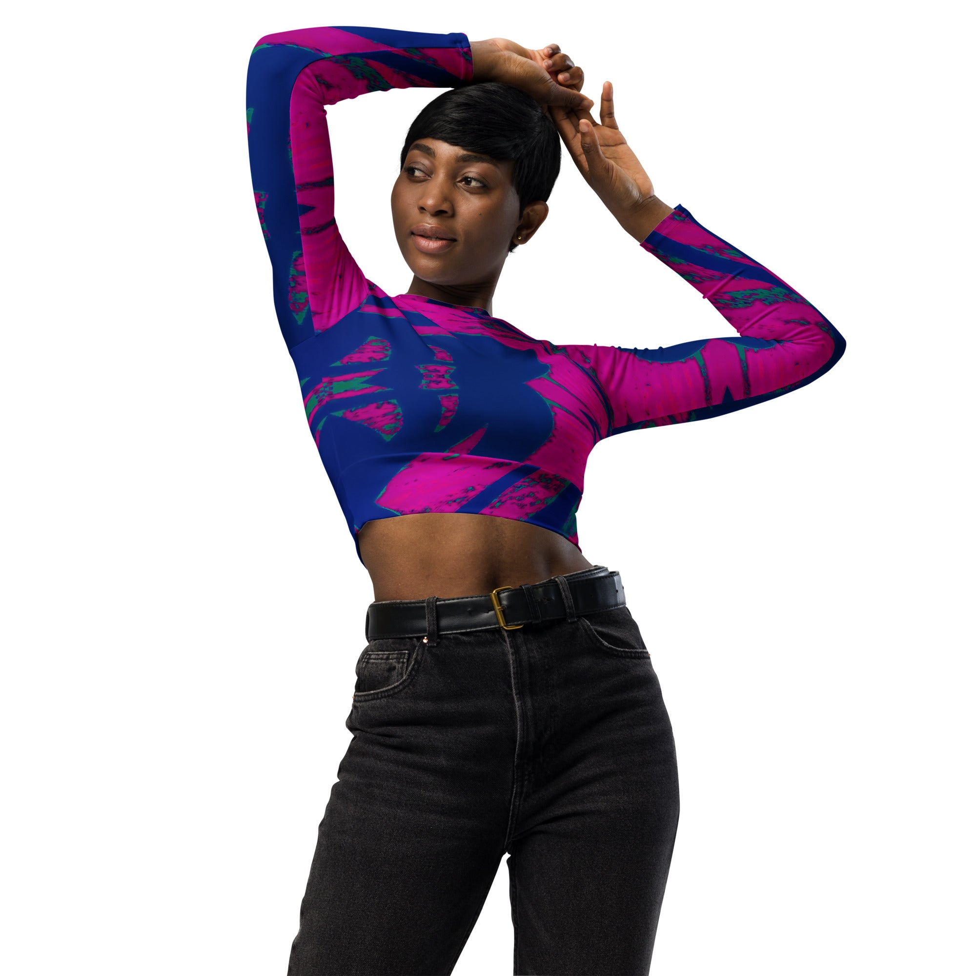 Shadows Blue On Magenta Eco-Friendly Long-Sleeve Crop Top Triboca Arts   