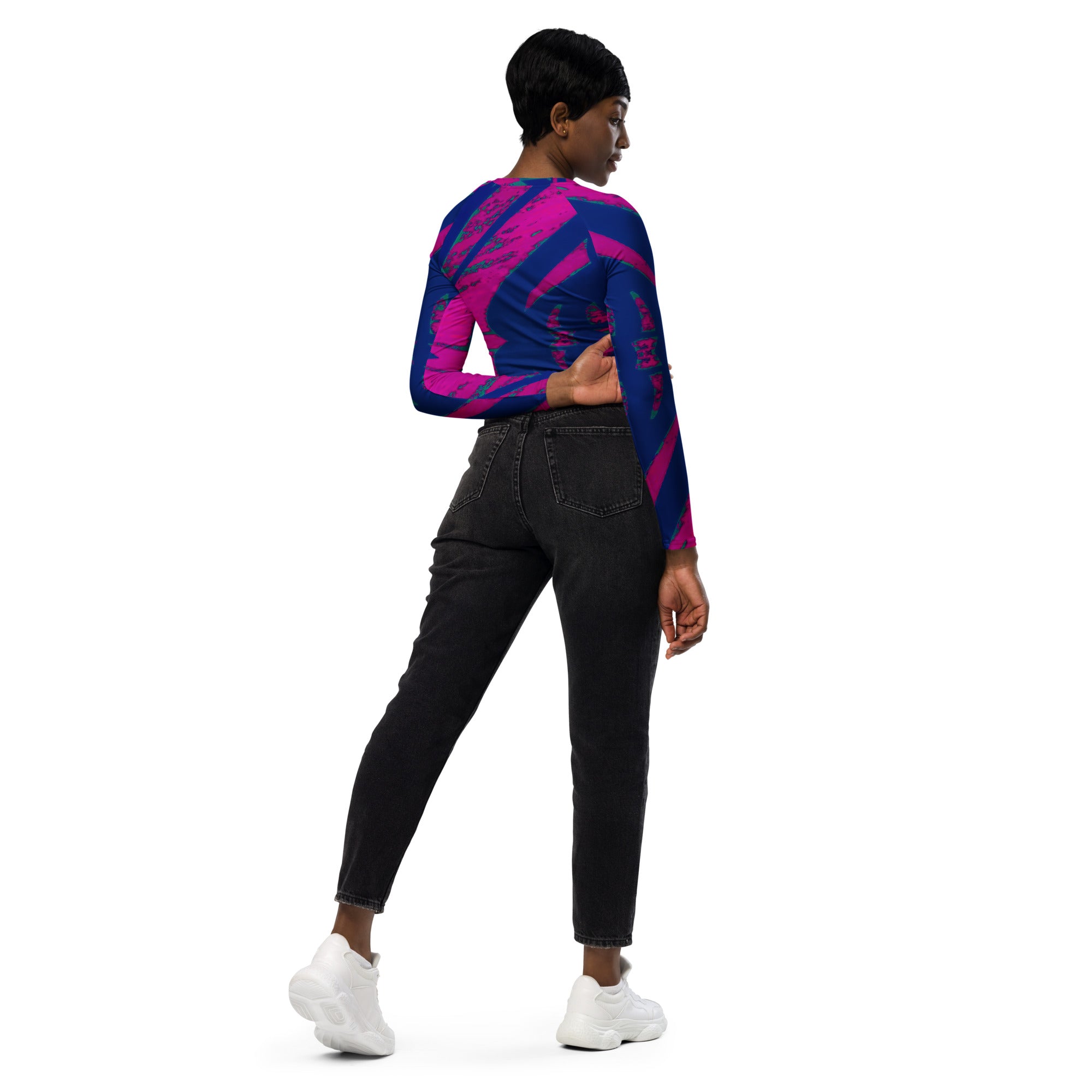 Shadows Blue On Magenta Eco-Friendly Long-Sleeve Crop Top Triboca Arts   